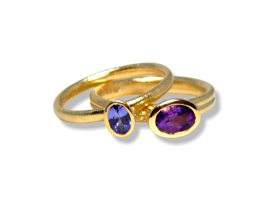 Jo&#39;s Custom Bespoke Stacker Ring Set  | In 9ct Yellow And White Gold | Set With An Amethyst, Blue Topaz, Pink Sapphire And Tanzanite