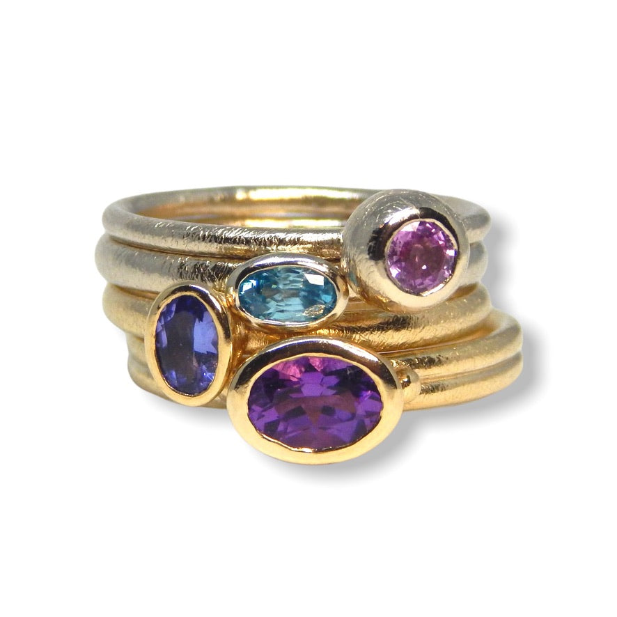 Jo&#39;s Custom Bespoke Stacker Ring Set  | In 9ct Yellow And White Gold | Set With An Amethyst, Blue Topaz, Pink Sapphire And Tanzanite