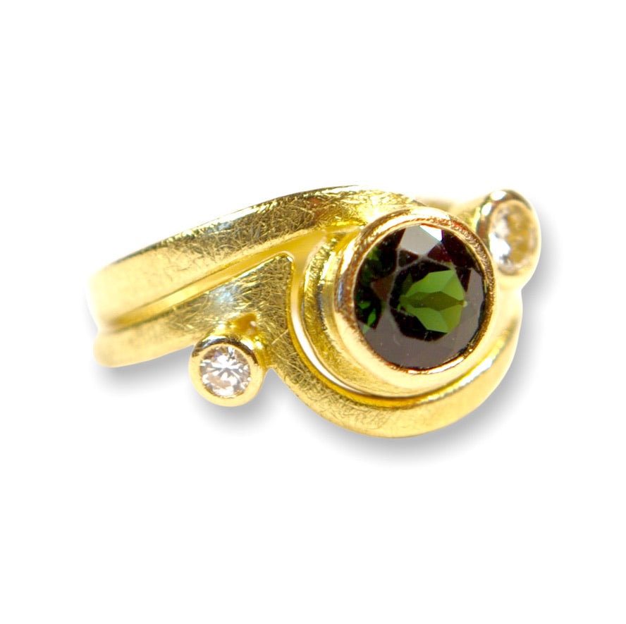 Meabhs Custom Bespoke Curl Curved Fitted Engagement And Wedding Ring Set | In Remodelled 18ct Yellow Gold | Set With Her Own Green Tourmaline And Diamonds