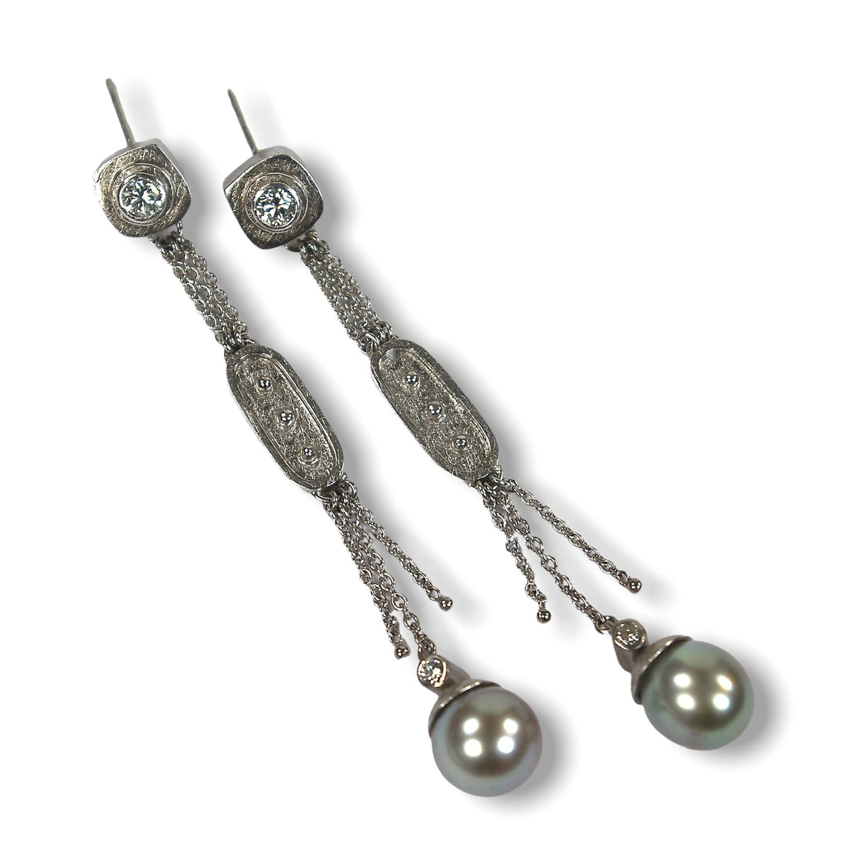 Maggie&#39;s Custom Bespoke Egyptian Inspired Dangly Box Earrings  | In 18ct White Gold And Palladium | Set With Her Own Black Pearls And Diamonds