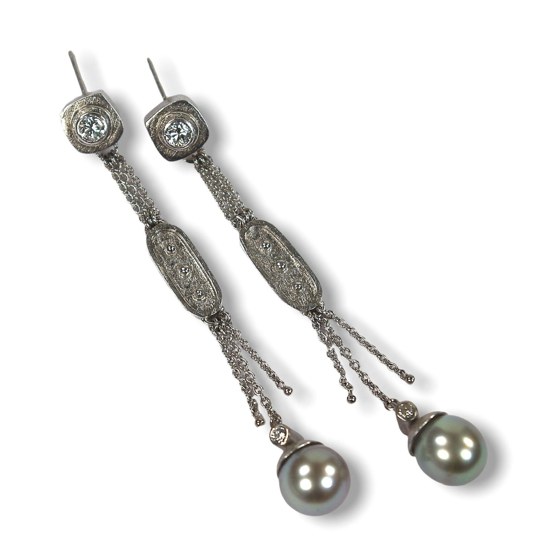 Maggie's Custom Bespoke Egyptian Inspired Dangly Box Earrings  | In 18ct White Gold And Palladium | Set With Her Own Black Pearls And Diamonds