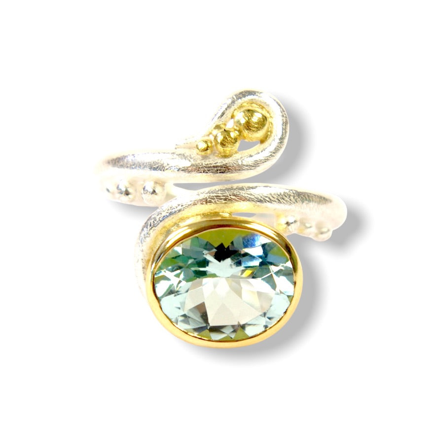 Kathryn&#39;s Custom Bespoke Curl Curve Twist Ring  | In Silver And 18ct Yellow Gold | Set With Green Amethyst