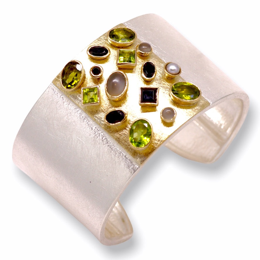 Heather's Custom Bespoke Rectangular Box Cuff Bangle  | In Silver With Remodelled 9ct Yellow Gold | Set With Her Own Peridots Plus Black Spinels, Grey Moonstones And Grey Pearls
