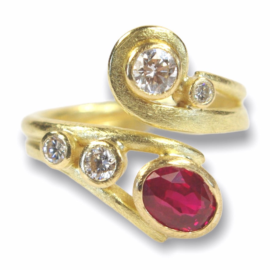 Aileen&#39;s Custom Bespoke Curl Curved Double Band Ring Gifted By John For 40th Wedding Anniversary  | In 18ct Yellow Gold | Set With A Ruby And Diamonds