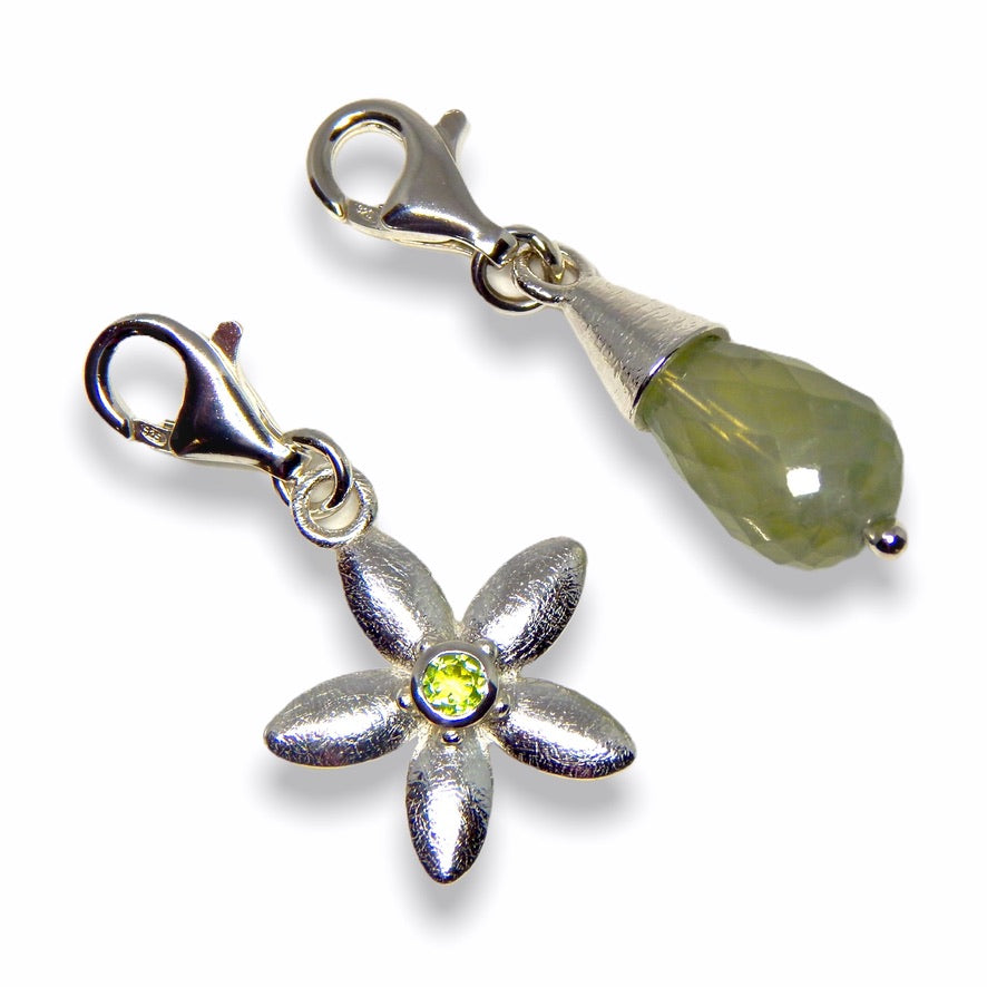 Sarah&#39;s Custom Bespoke Clover, Jasmine And Jewel Drop Charms For Sarah Haran Accessories | In Silver | Set With Green Garnet, Peridot And Green Quartz