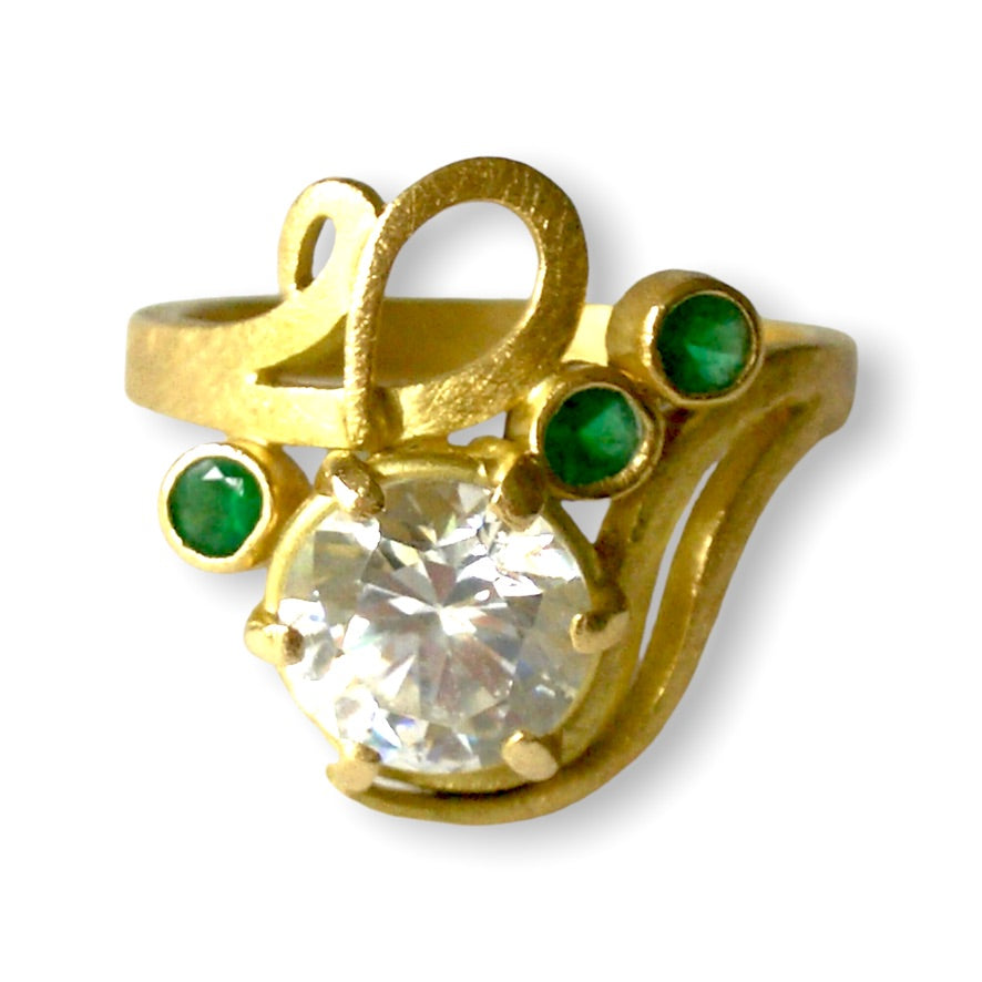 Minnie&#39;s Lucky Find Curl Curve Cocktail Ring  | In 18ct Yellow Gold | Set With Her Own Diamond And Emeralds