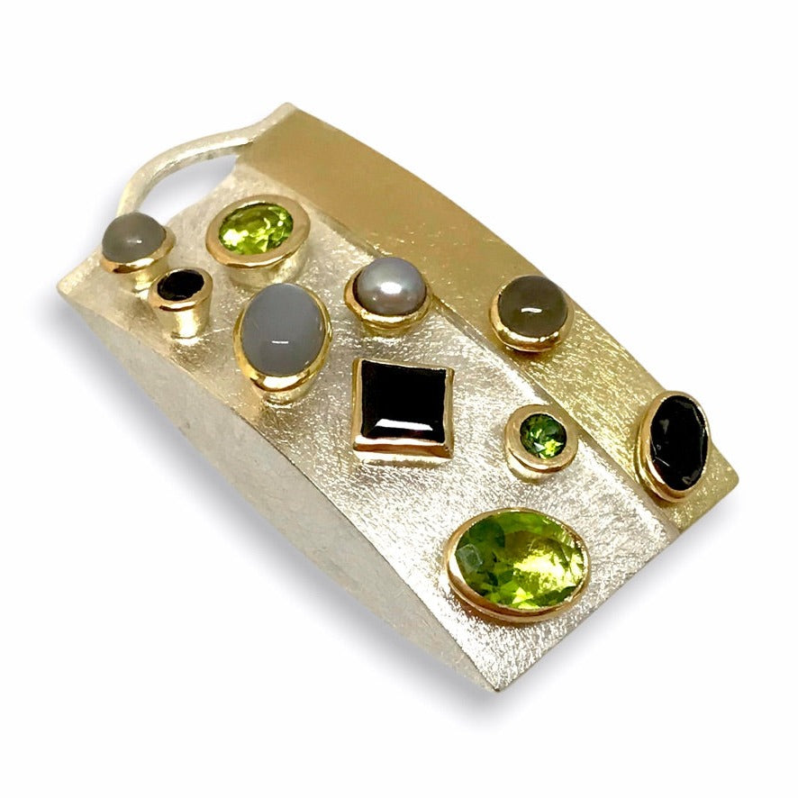 Heather&#39;s Custom Bespoke Clip-On Rectangular Box Pendant  | In Silver With Remodelled 9ct Yellow Gold | Set With Her Own Peridots Plus Black Spinels, Grey Moonstones And Grey Pearls