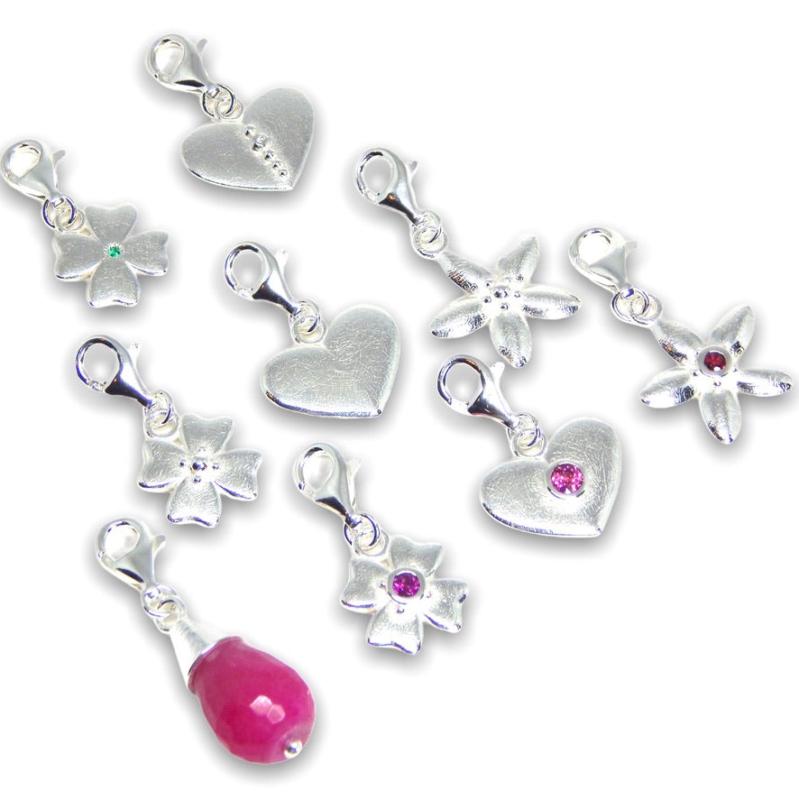 Sarah's Custom Bespoke Clover, Heart, Jasmine And Jewel Drop Charms For Sarah Haran Accessories | In Silver | Set With Rhodolite Garnets