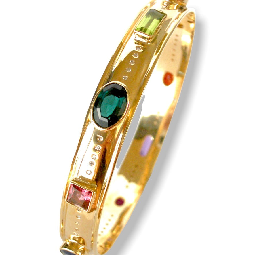 Hazel&#39;s Custom Bespoke Rainbow Bangle  | In Remodelled 9ct Yellow Gold | Set With A Rainbow Of Gemstones And Diamonds