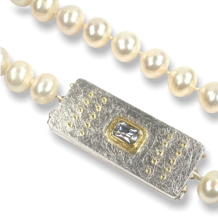 Liz&#39;s Custom Bespoke White Pearl Rectangular Box Necklace | In Silver And 18ct Yellow Gold | Set With White Sapphire