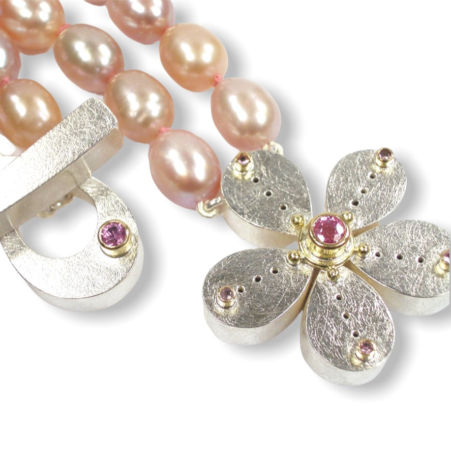 Mary&#39;s Custom Bespoke Pink Pearl Flower Box Necklace With Oval Box Clasp | In Silver And 18ct Yellow Gold | Set With Pink And Purple Sapphires