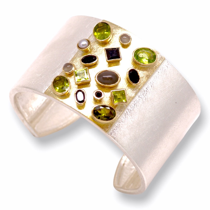 Heather&#39;s Custom Bespoke Rectangular Box Cuff Bangle  | In Silver With Remodelled 9ct Yellow Gold | Set With Her Own Peridots Plus Black Spinels, Grey Moonstones And Grey Pearls