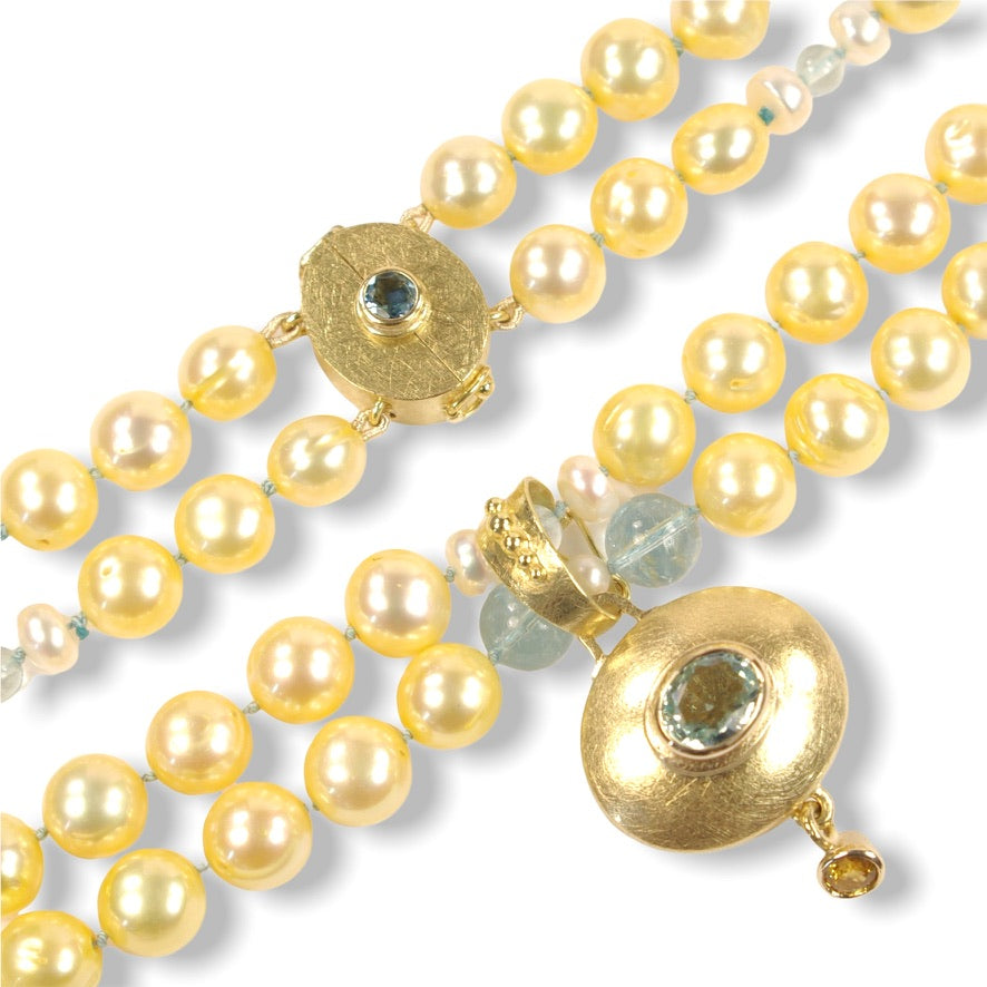 Heathers&#39;s Custom Bespoke Yellow Pearl Necklace With Oval Box Clasp And Clip-On Oval Box Pendant | In Remodelled 18ct Yellow Gold | Set With Yellow And White Pearls, Aquamarine And Yellow Sapphire