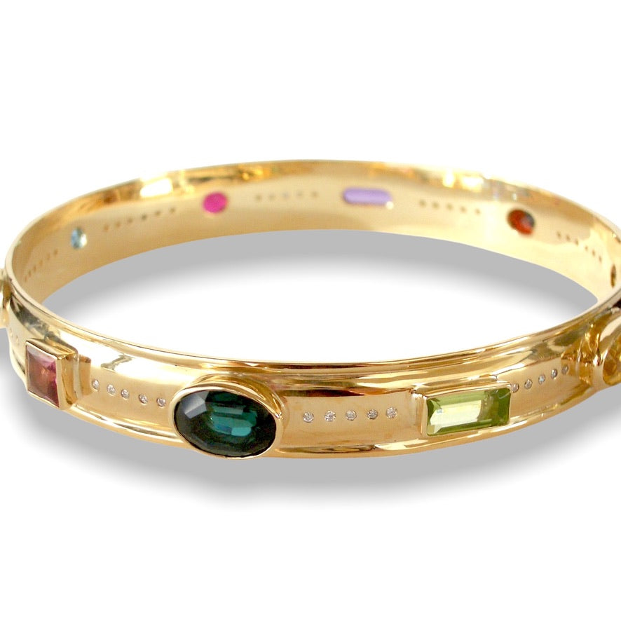 Hazel&#39;s Custom Bespoke Rainbow Bangle  | In Remodelled 9ct Yellow Gold | Set With A Rainbow Of Gemstones And Diamonds