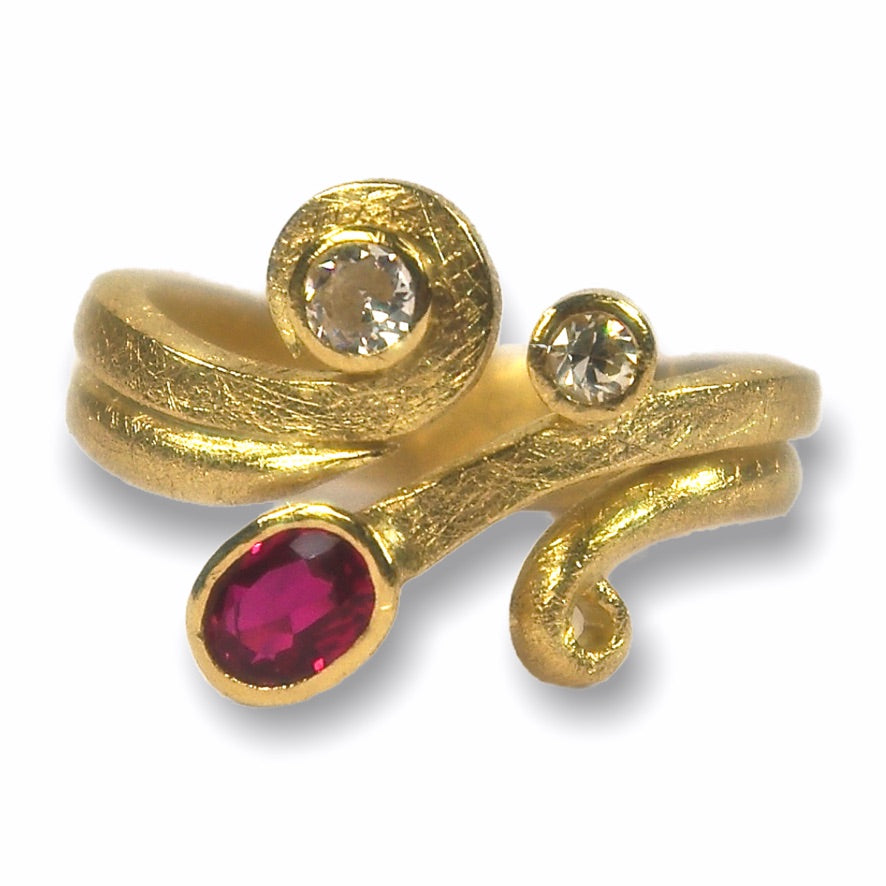 Aileens&#39;s Custom Bespoke Curl Curve Ring | In Remodelled 18ct Yellow Gold | Set With Her Own Ruby And Diamonds