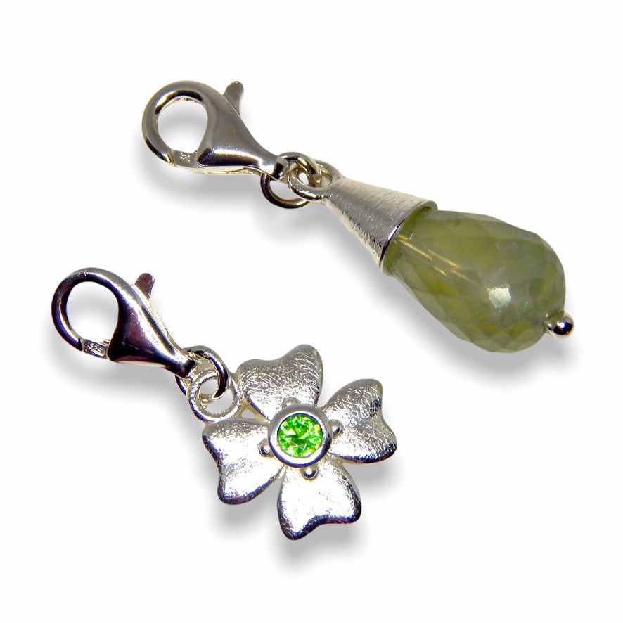 Sarah&#39;s Custom Bespoke Clover, Jasmine And Jewel Drop Charms For Sarah Haran Accessories | In Silver | Set With Green Garnet, Peridot And Green Quartz