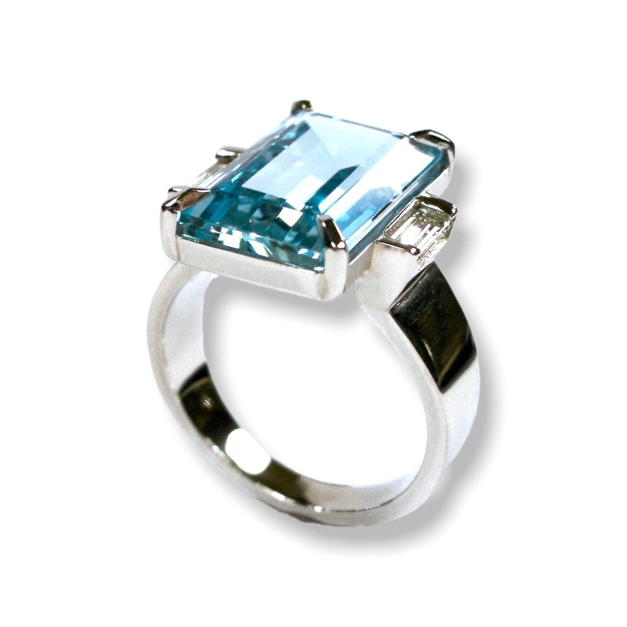 Linda&#39;s Custom Bespoke Art Deco Inspired Dress Ring  | In Platinum | Set With Aquamarine And Diamonds