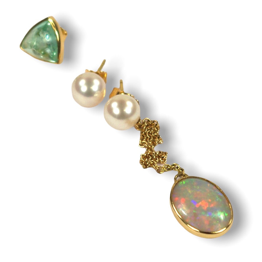 Lena&#39;s Custom Bespoke Singular Stud And Dangly Earring Set  | In 18ct Yellow Gold | Set With White Pearls, An Aqua Tourmaline And Her Own Oval Opal
