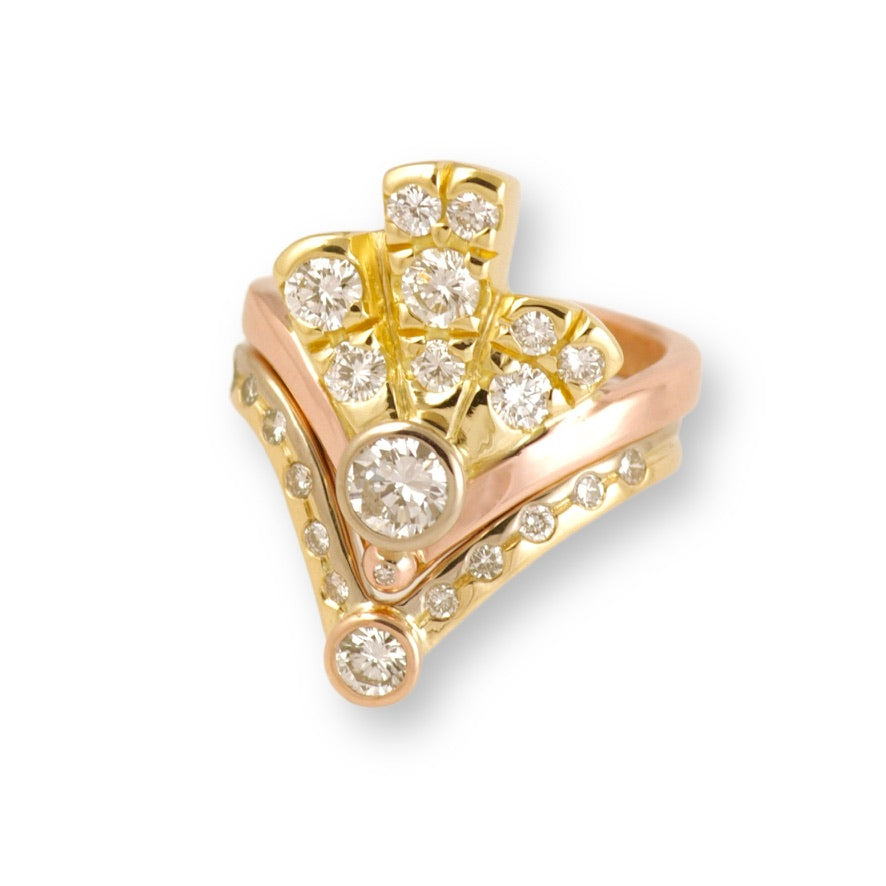 Alice&#39;s Custom Bespoke Art Deco Inspired V-Shaped Fan Engagement And Wedding Ring Set  | In Remodelled 18ct Yellow, White And Red Gold | Set With Her Own Diamonds