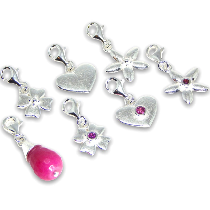 Sarah&#39;s Custom Bespoke Clover, Heart, Jasmine And Jewel Drop Charms For Sarah Haran Accessories | In Silver | Set With Rhodolite Garnets