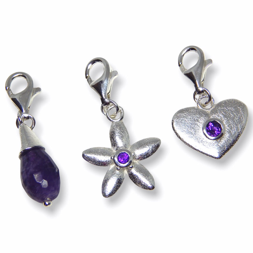 Sarah&#39;s Custom Bespoke Heart, Jasmine And Jewel Drop Charms For Sarah Haran Accessories | In Silver | Set With Amethyst