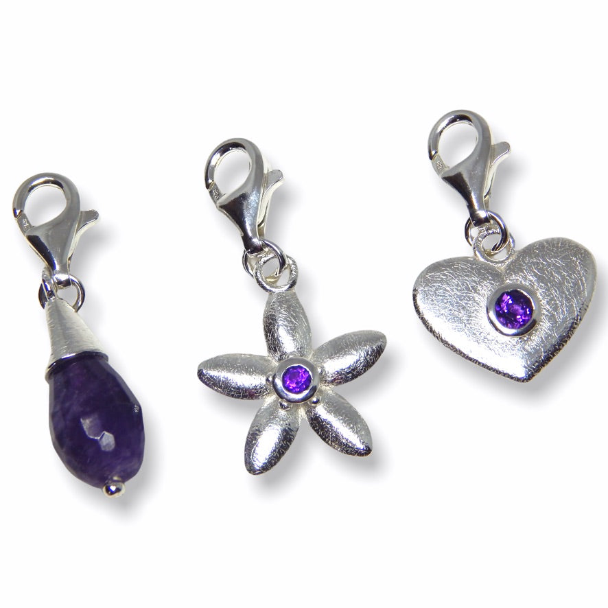 Sarah's Custom Bespoke Heart, Jasmine And Jewel Drop Charms For Sarah Haran Accessories | In Silver | Set With Amethyst