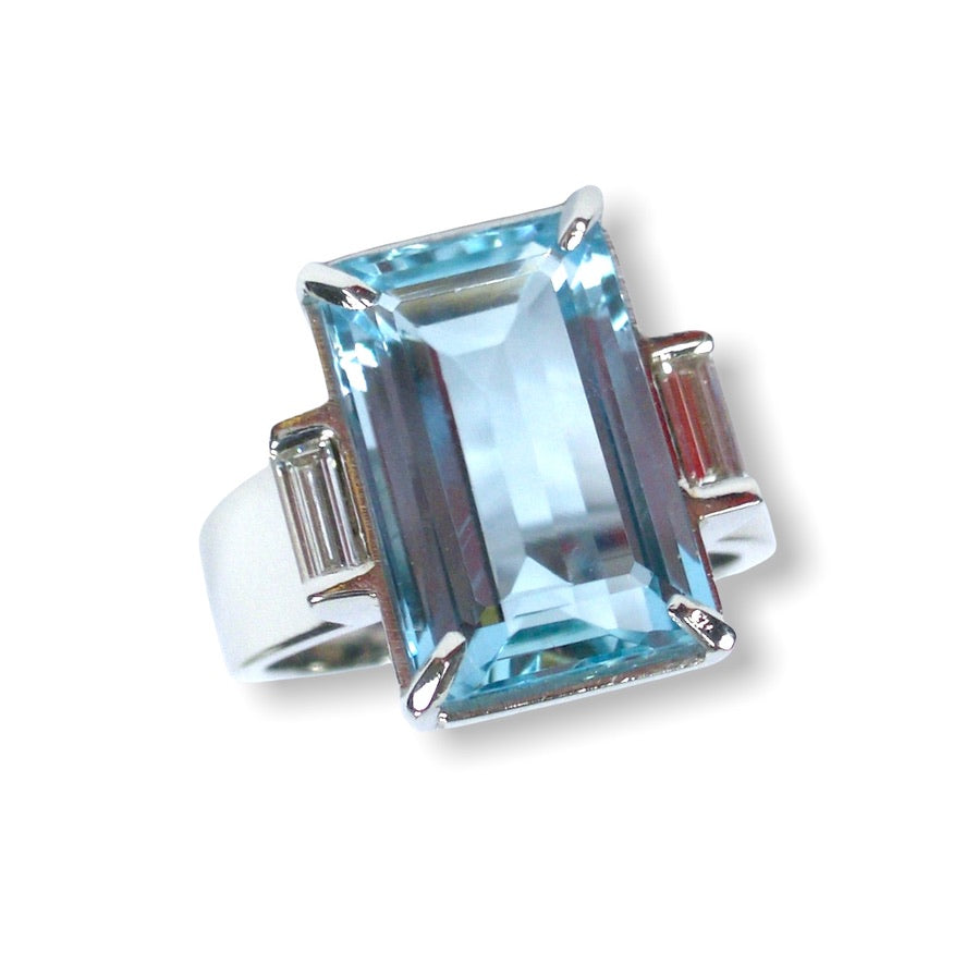 Linda's Custom Bespoke Art Deco Inspired Dress Ring  | In Platinum | Set With Aquamarine And Diamonds