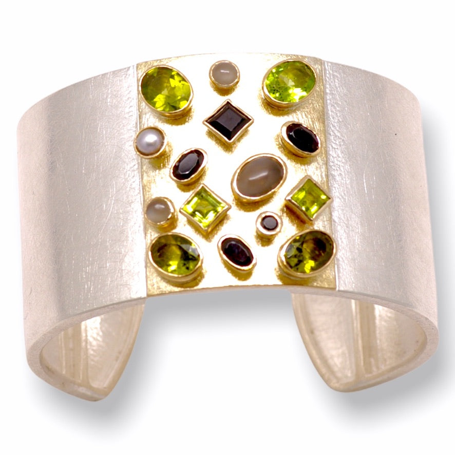 Heather&#39;s Custom Bespoke Rectangular Box Cuff Bangle  | In Silver With Remodelled 9ct Yellow Gold | Set With Her Own Peridots Plus Black Spinels, Grey Moonstones And Grey Pearls