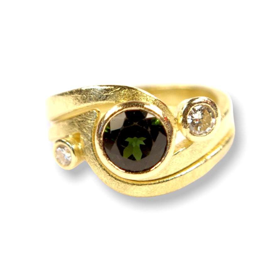 Meabhs Custom Bespoke Curl Curved Fitted Engagement And Wedding Ring Set | In Remodelled 18ct Yellow Gold | Set With Her Own Green Tourmaline And Diamonds