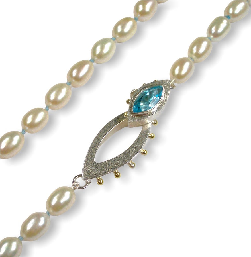Kays's Custom Bespoke White Pearl Necklace With Marquise Box Clasp Gifted To Her Mother  | In Silver With 18ct Yellow Gold | Set With Aquamarine