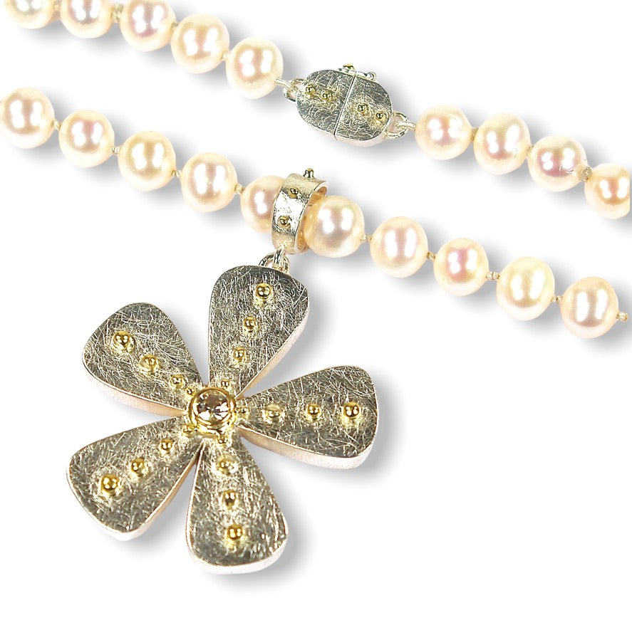 Daphne's Custom Bespoke White Pearl Box Necklace With Clip-On Flower Box Clasp | In Silver And 18ct Yellow Gold | Set With White Sapphire