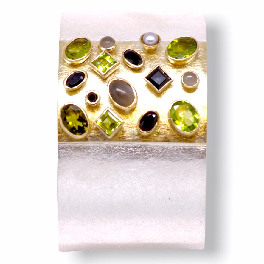 Heather&#39;s Custom Bespoke Rectangular Box Cuff Bangle  | In Silver With Remodelled 9ct Yellow Gold | Set With Her Own Peridots Plus Black Spinels, Grey Moonstones And Grey Pearls