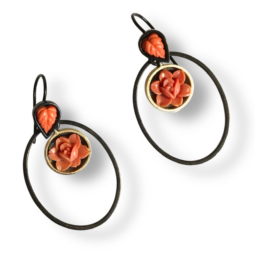 Heathers&#39;s Custom Bespoke Blackened Oval Framed Charm Hook Earrings | In Silver With Jet Black Ruthenium Plate And 18ct Yellow Gold | Set With Her Own Carved Coral