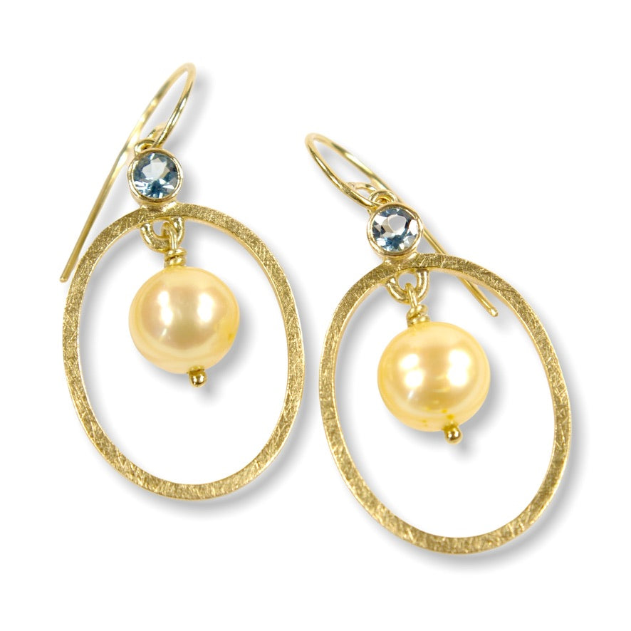 Heather&#39;s Custom Bespoke Oval Framed Hook Earrings  | In Remodelled 18ct Yellow Gold | Set With Aquamarines And Yellow Pearls
