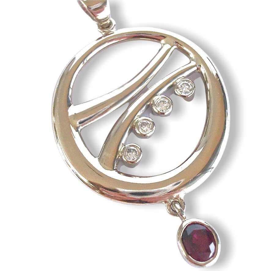 Luane&#39;s Custom Bespoke Oval Curved Frame Pendant | In 18ct White Gold | Set With Her Own Ruby And Diamonds