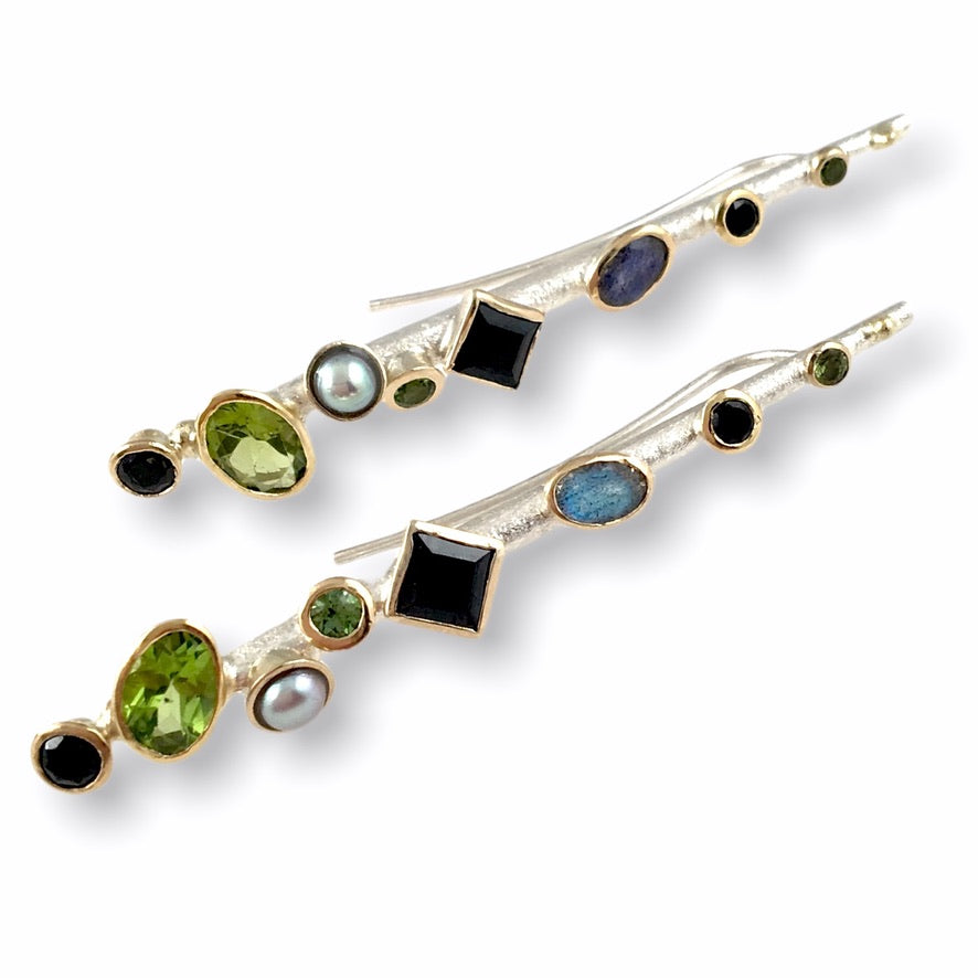 Heather&#39;s Custom Bespoke Tapered Stalk Earrings | In Silver With Remodelled 9ct Yellow Gold | Set With Her Own Peridots Plus Black Spinels, Grey Moonstones And Grey Pearls