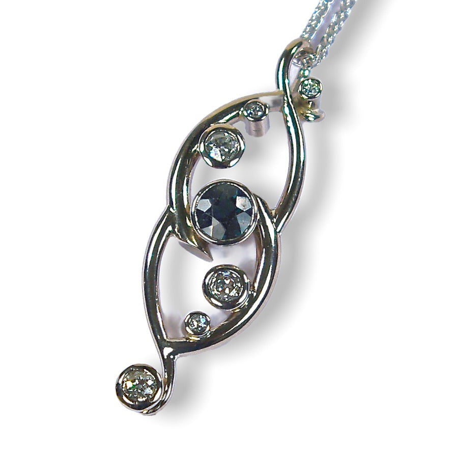 Luane&#39;s Custom Bespoke Oval Curl Curved FrameTwist Pendant | In 18ct White Gold | Set With Her Own Green Sapphire And Diamonds