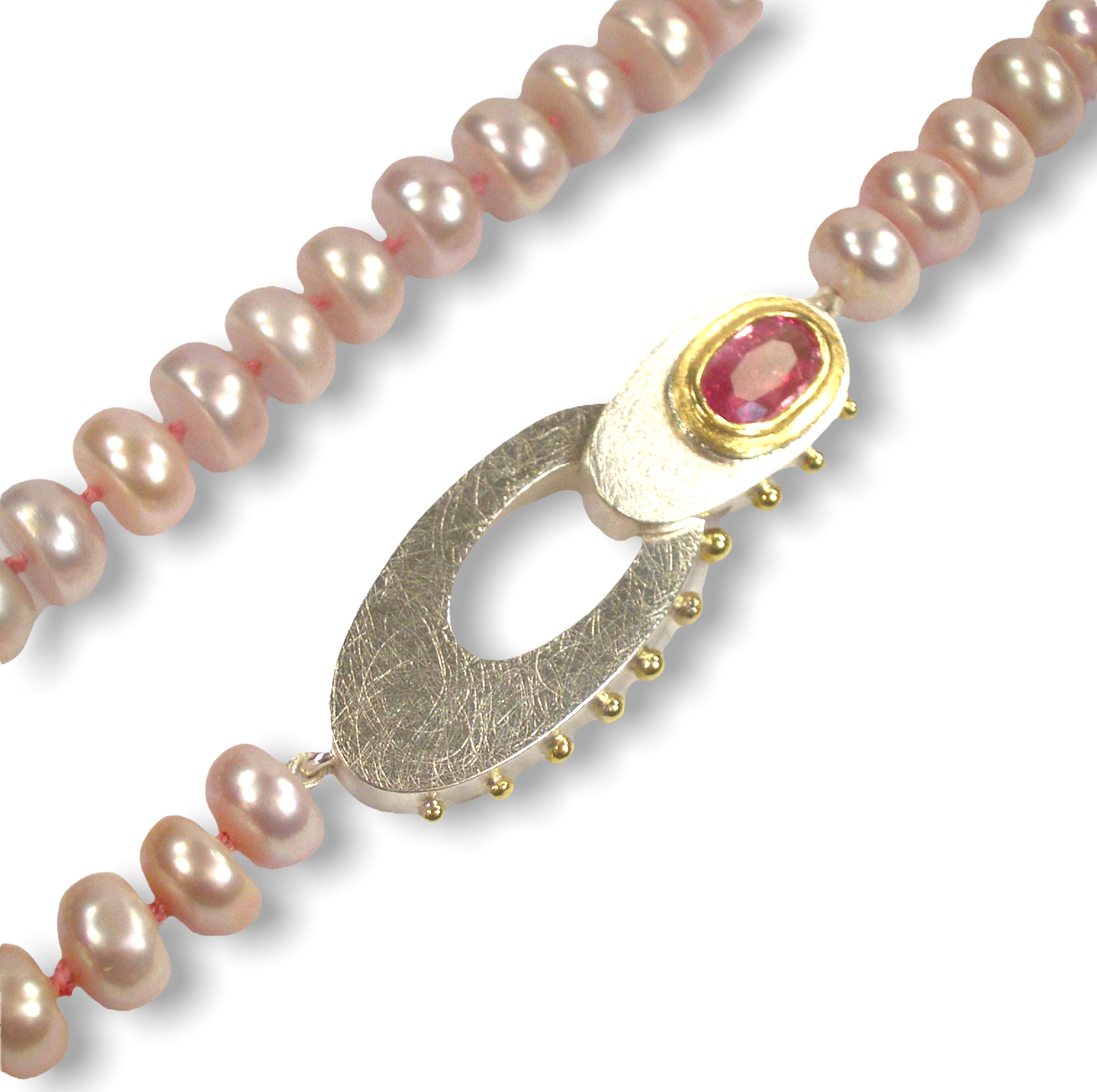 Sarah's Custom Bespoke Pink Pearl Necklace With Oval Box Clasp | In Silver And 18ct Yellow Gold | Set With A Pinky Peach Padparadscha Sapphire