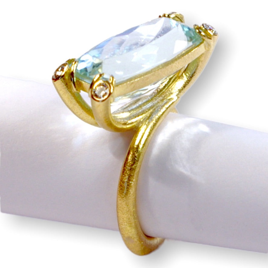 Moira&#39;s Custom Bespoke Twisted Curve Cocktail Ring  | In 18ct Yellow Gold | Set With Her Own Aquamarine And Diamonds