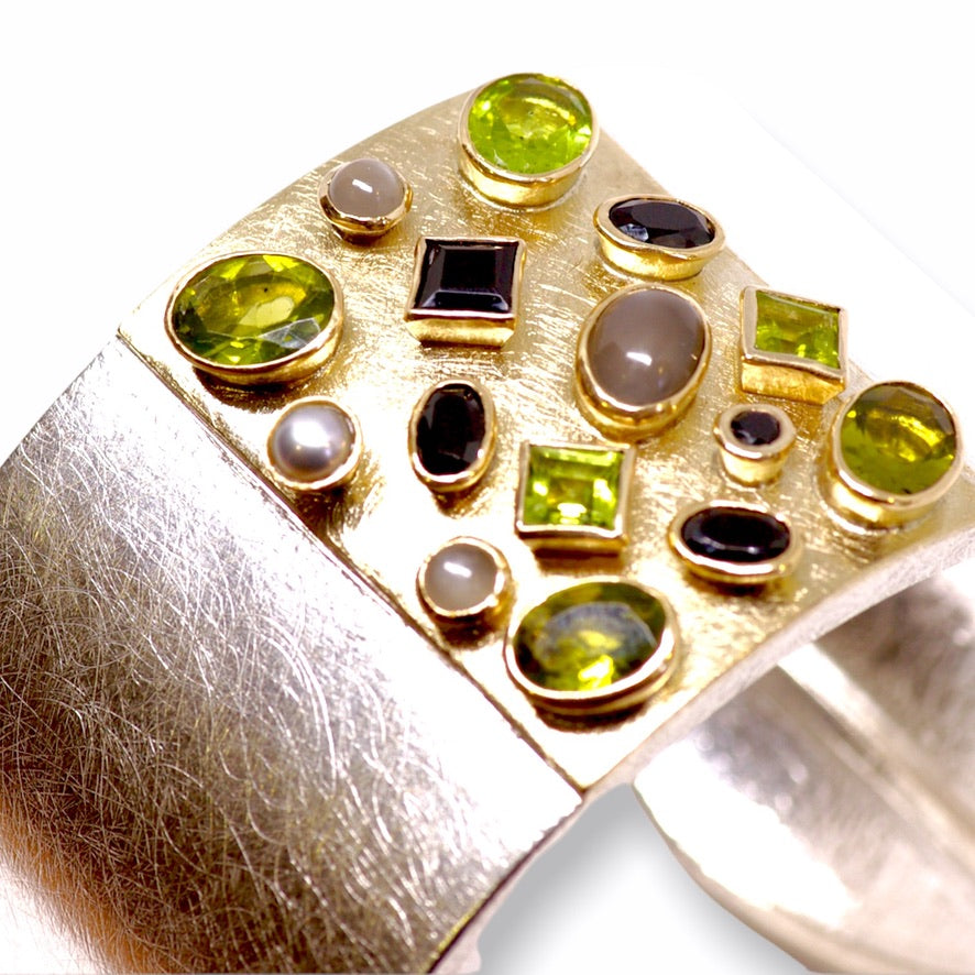 Heather&#39;s Custom Bespoke Rectangular Box Cuff Bangle  | In Silver With Remodelled 9ct Yellow Gold | Set With Her Own Peridots Plus Black Spinels, Grey Moonstones And Grey Pearls