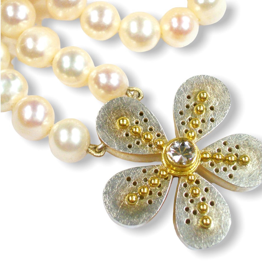 Linda&#39;s Custom Bespoke White Pearl Flower Box Necklace | In Silver And 18ct Yellow Gold | Set With White Sapphire