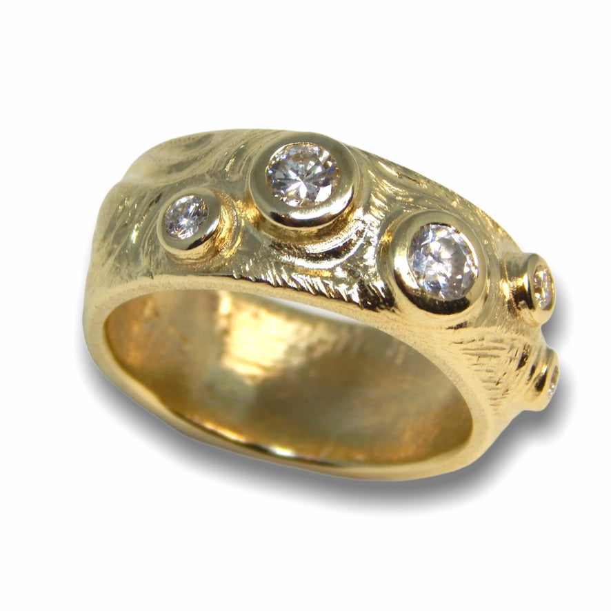 Megs&#39;s Custom Bespoke Bubble Inspired Carved Band Ring For Birthday  | In 9ct Yellow Gold | Set With Her Granny&#39;s Diamonds