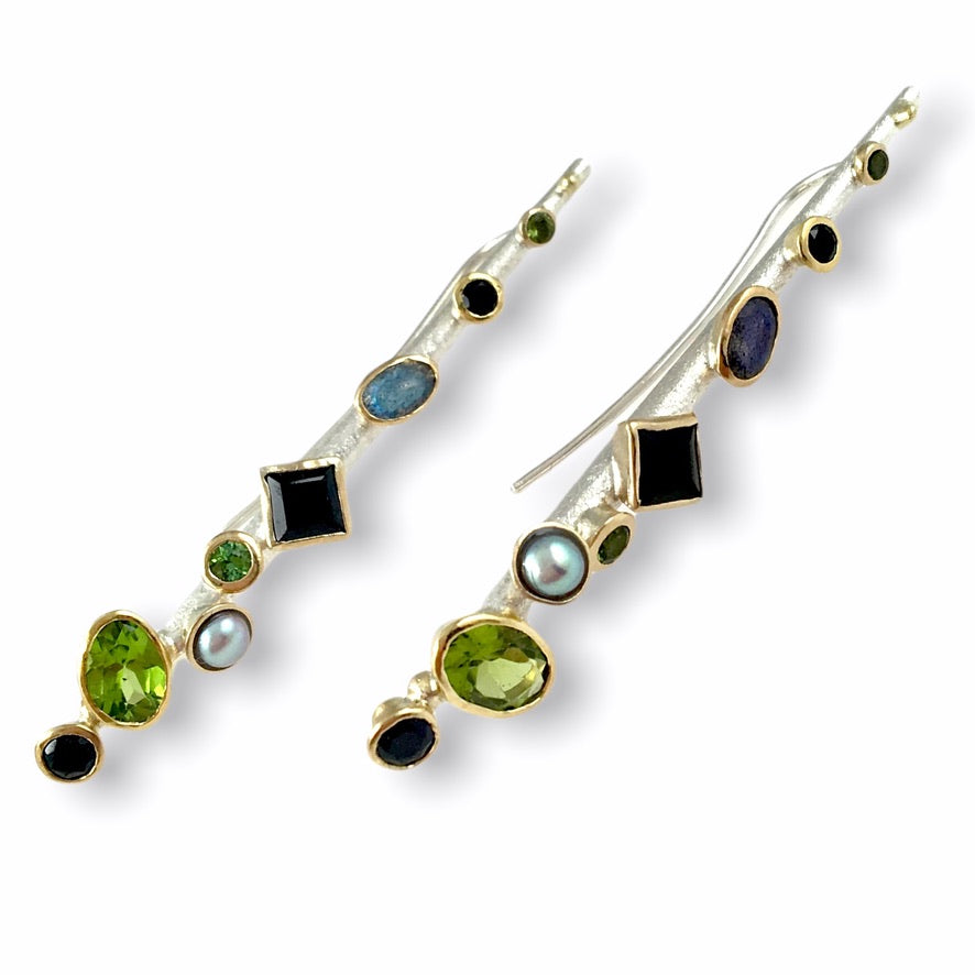 Heather&#39;s Custom Bespoke Tapered Stalk Earrings | In Silver With Remodelled 9ct Yellow Gold | Set With Her Own Peridots Plus Black Spinels, Grey Moonstones And Grey Pearls