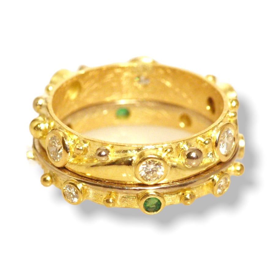 Mary&#39;s Custom Bespoke Wave Studded Band Ring Set  | In Remodelled 18ct Yellow Gold | Set With Her Own Diamonds &amp; Emeralds