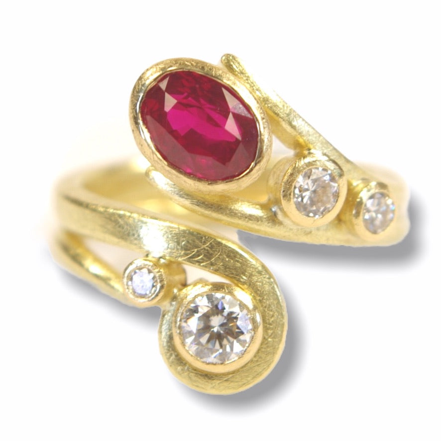 Aileen&#39;s Custom Bespoke Curl Curved Double Band Ring Gifted By John For 40th Wedding Anniversary  | In 18ct Yellow Gold | Set With A Ruby And Diamonds