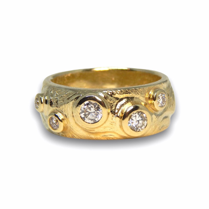 Megs&#39;s Custom Bespoke Bubble Inspired Carved Band Ring For Birthday  | In 9ct Yellow Gold | Set With Her Granny&#39;s Diamonds