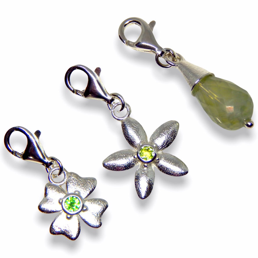 Sarah's Custom Bespoke Clover, Jasmine And Jewel Drop Charms For Sarah Haran Accessories | In Silver | Set With Green Garnet, Peridot And Green Quartz