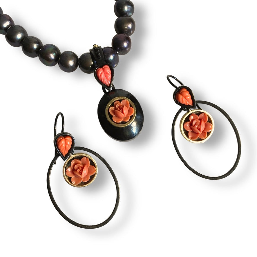 Heathers&#39;s Custom Bespoke Black Pearl Necklace With Clip-On Blackened Oval Domed Pendant And Matching Oval Framed Charm Earrings | In Silver With Jet Black Ruthenium Plate And 18ct Yellow Gold | Set With Her Own Carved Coral