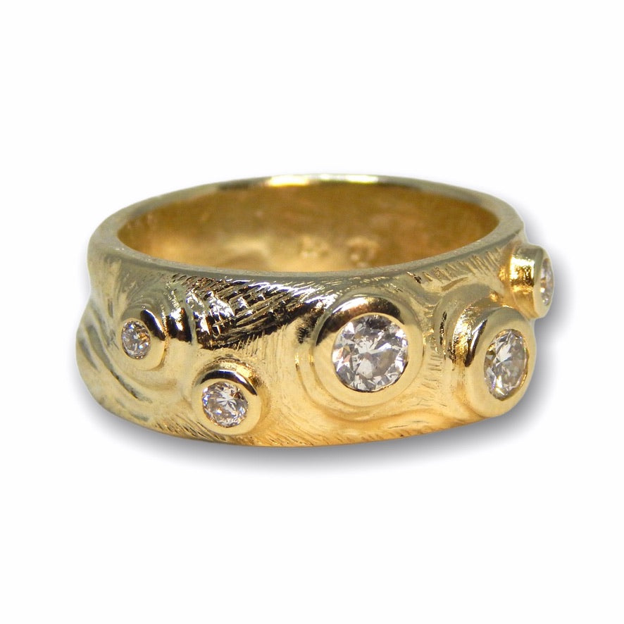 Megs&#39;s Custom Bespoke Bubble Inspired Carved Band Ring For Birthday  | In 9ct Yellow Gold | Set With Her Granny&#39;s Diamonds