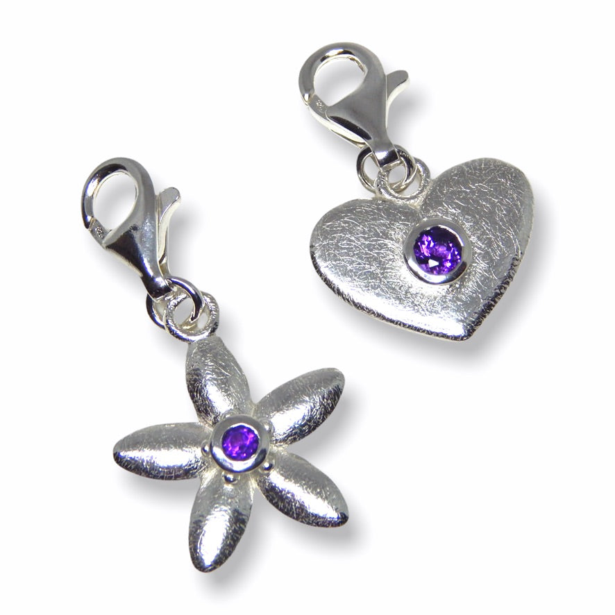 Sarah&#39;s Custom Bespoke Heart, Jasmine And Jewel Drop Charms For Sarah Haran Accessories | In Silver | Set With Amethyst